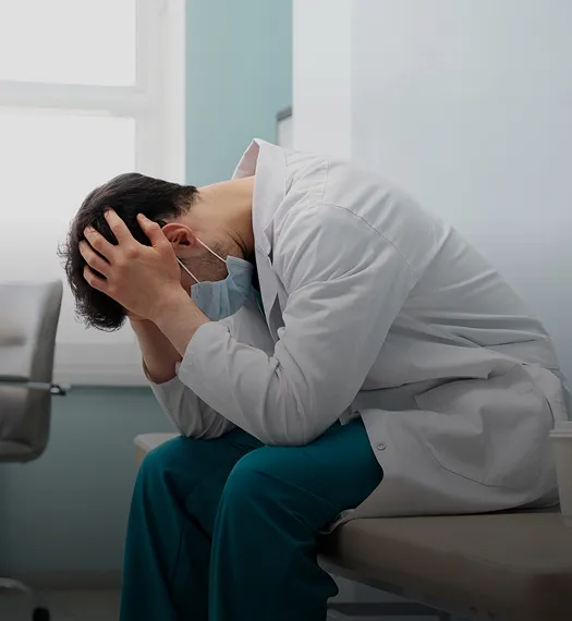 Male healthcare professional in white coat and mask sitting with head in hands, appearing stressed.