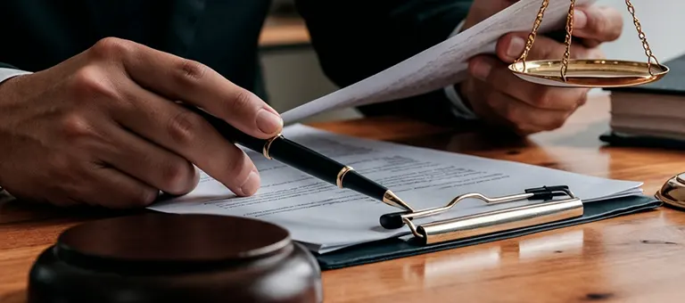 Close-up of a person holding a pen and legal scales over documents on a wooden desk.