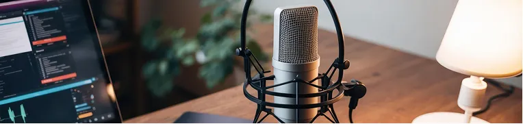 Professional condenser microphone on wooden desk beside laptop and lit table lamp.