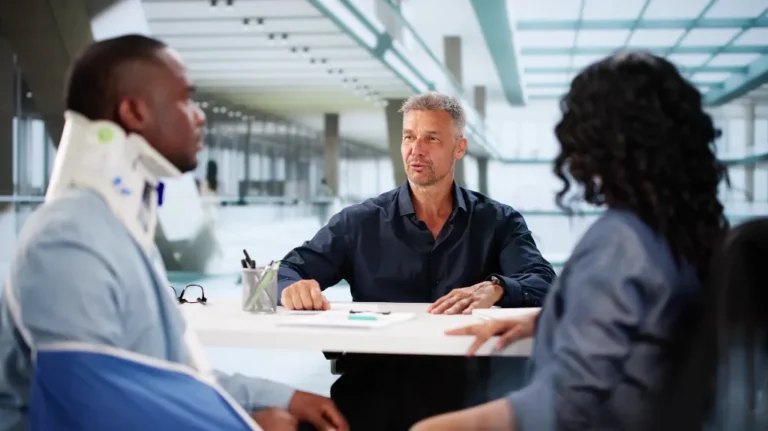 Three professionals engaged in a discussion at a white table in a modern office.