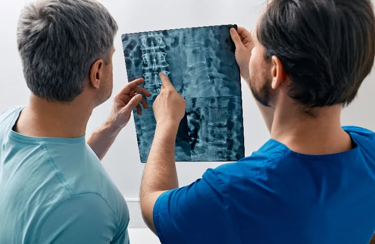 Two men examining a spinal X-ray, one pointing at the vertebrae, both wearing casual and medical attire.