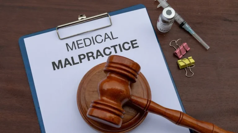 Clipboard with "Medical Malpractice" document, wooden gavel, syringe, and vials on wooden surface.