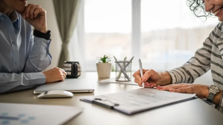 Two professionals at a desk, one signing a document, with a laptop and office supplies nearby.