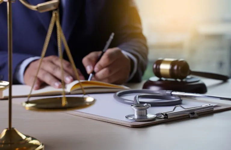 Person in a suit writing in a notebook with a stethoscope, scales of justice, and gavel on desk.