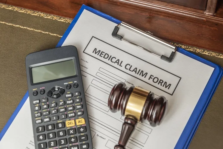 Clipboard with medical claim form, wooden gavel, and black calculator on desk.